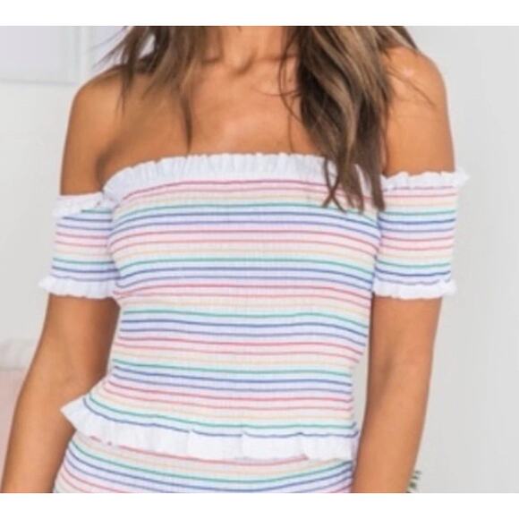 Aqua Rainbow Stripe Off Shoulder Smocked Ruffle Crop Top - Size XS - Picture 2 of 11